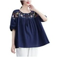 thumbnail image 2 of Busydd Plus Size Womens Tops M-4XL Casual Solid Color Short Sleeve Going Out Tops for Women Trendy Round Neck Embroidered Spring Summer Tops Comfy Pleated Peasant Cotton Linen Shirts, 2 of 3