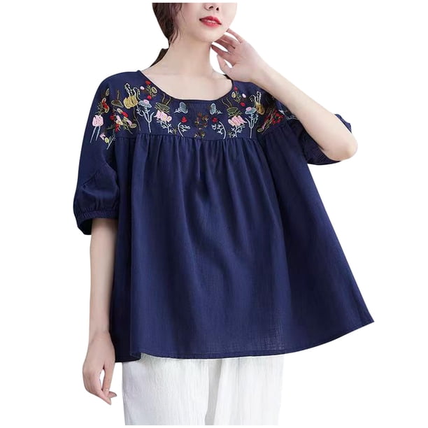 Primavera Tops para las Mujeres Algodón, Algodón Y Lino Impreso, Manga Corta Cuello Redondo Top / Camisa