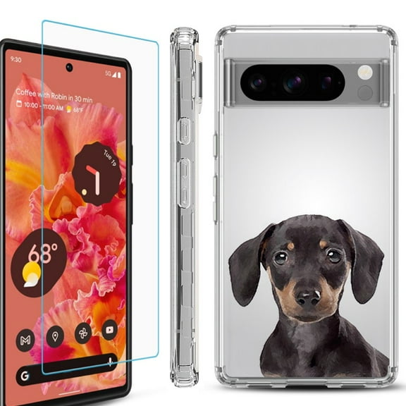 OneToughShield ® Compatible with Google Pixel 8 Pro, Shockproof Phone Case, with Tempered Glass Screen Protector - Dachshund Face