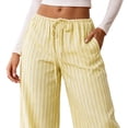 thumbnail image 4 of Kezqiaxn Wide Leg Pants for Women Striped Elastic Waist Drawstring Loose Casual Trousers with Pockets Women's Clothing Yellow M, 4 of 5