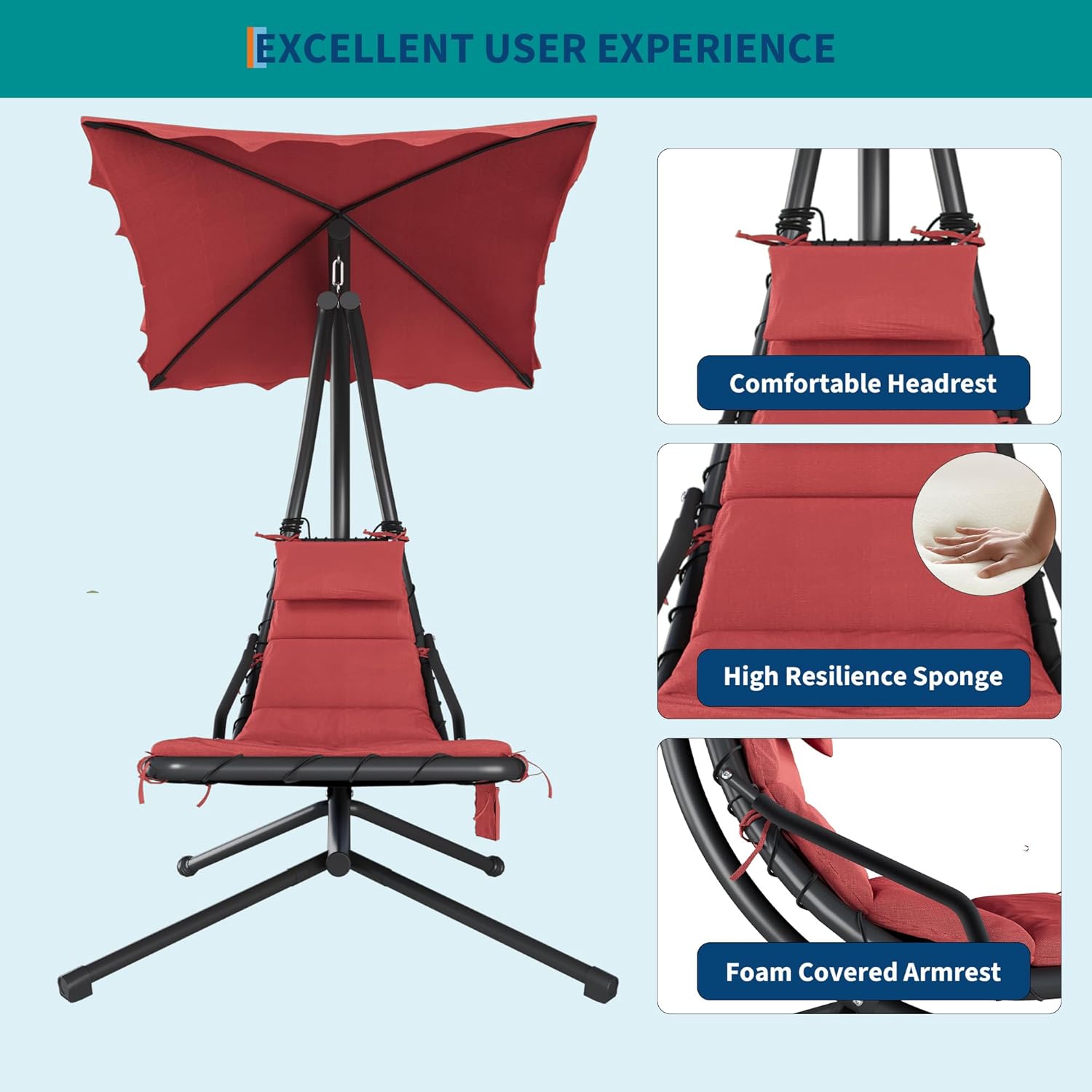 Senfot Dream Hammock, Iron + Cloth Cushion + Sunshade Canopy, Comfortable Outdoor Hammock for Backyard Red