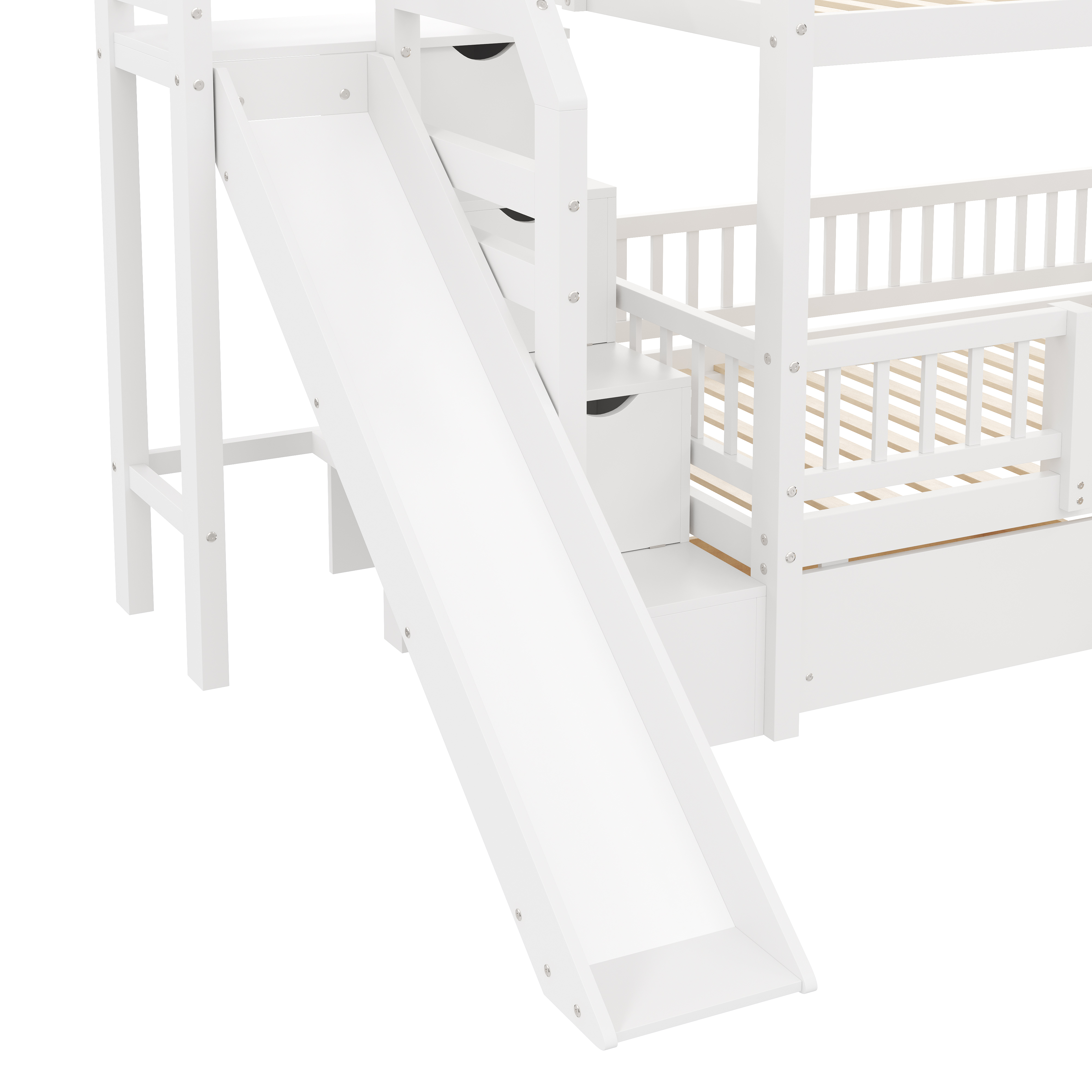 Euroco Twin over Twin Bunk Bed with Storage Staircase and Slide, White