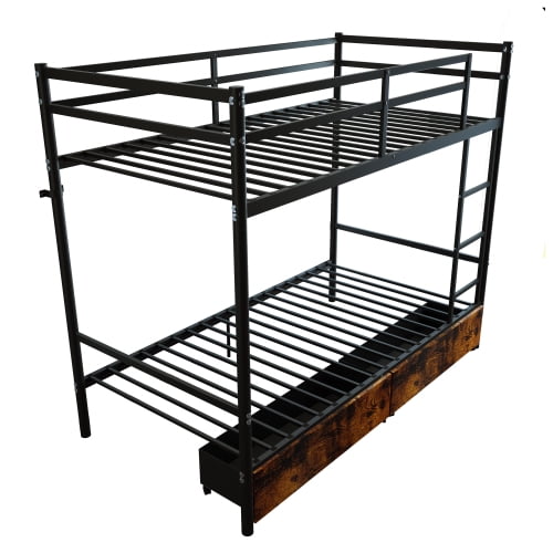 Twin Over Twin Metal Bunk Bed with Ladder, Space Saving, No Box Spring Needed, Black