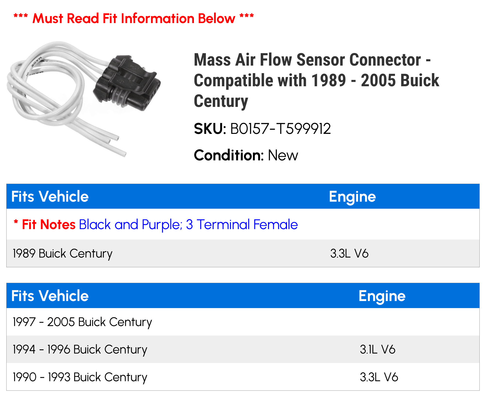 Mass Air Flow Sensor Connector - Compatible with 1989 - 2005 Buick Century  1990 1991 1992 1993 1994 1995 1996 1997 1998 1999 2000 2001 2002 2003 2004  - Walmart.com, image size:2000x1634