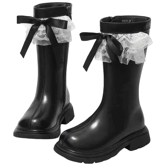 Black Mid Calf Boots for Sweet Lace Bow Waterproof Leather Fuzzy Lined Zipper Booties Non Slip Chunky Lug Sole Winter Boots