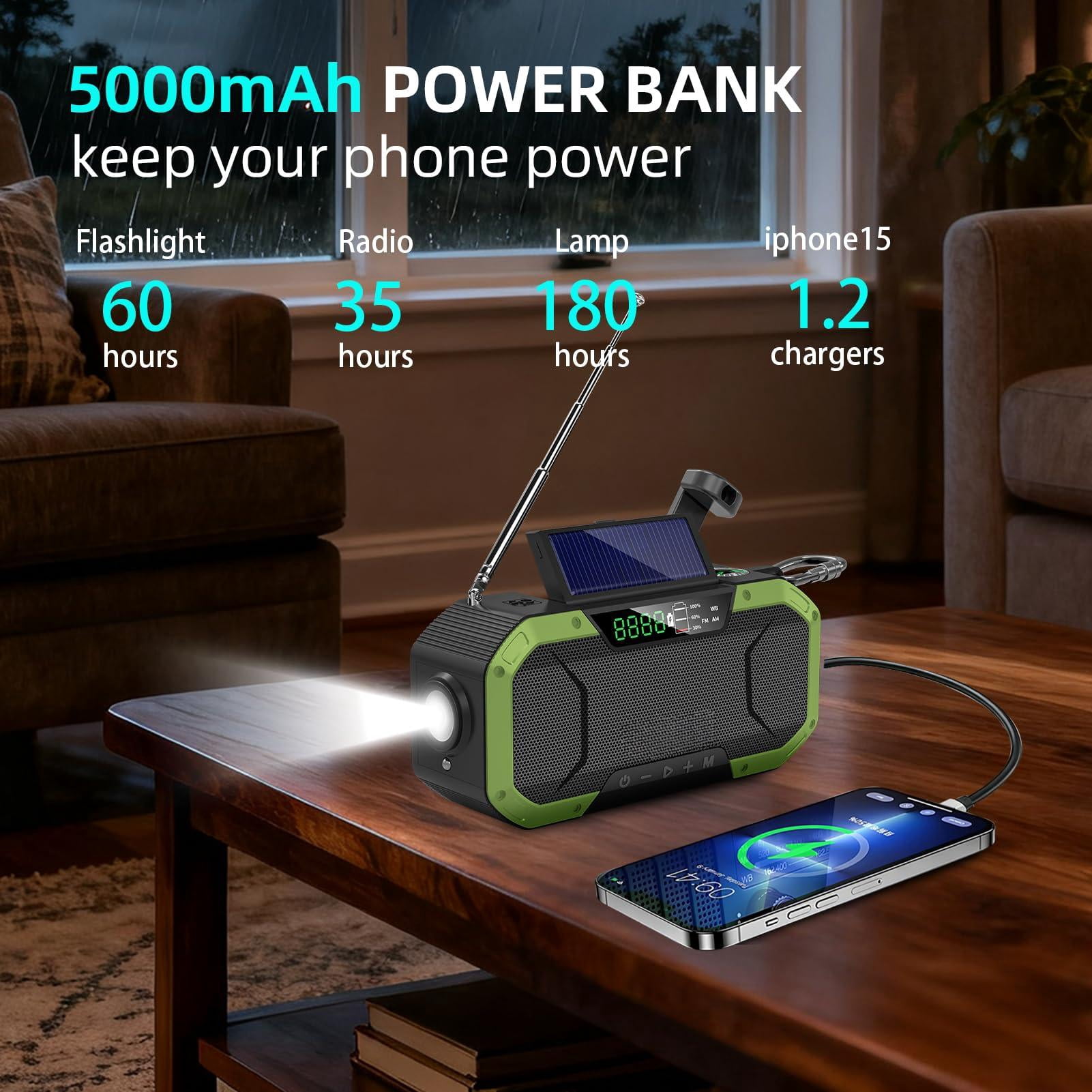 Hand Crank Emergency Radio Portable Am Fm Noaa Weather Solar Power 18500mwh/5000mah Operated Usb Charging Flashlight Waterproof Sos For Camping Outage Storm
