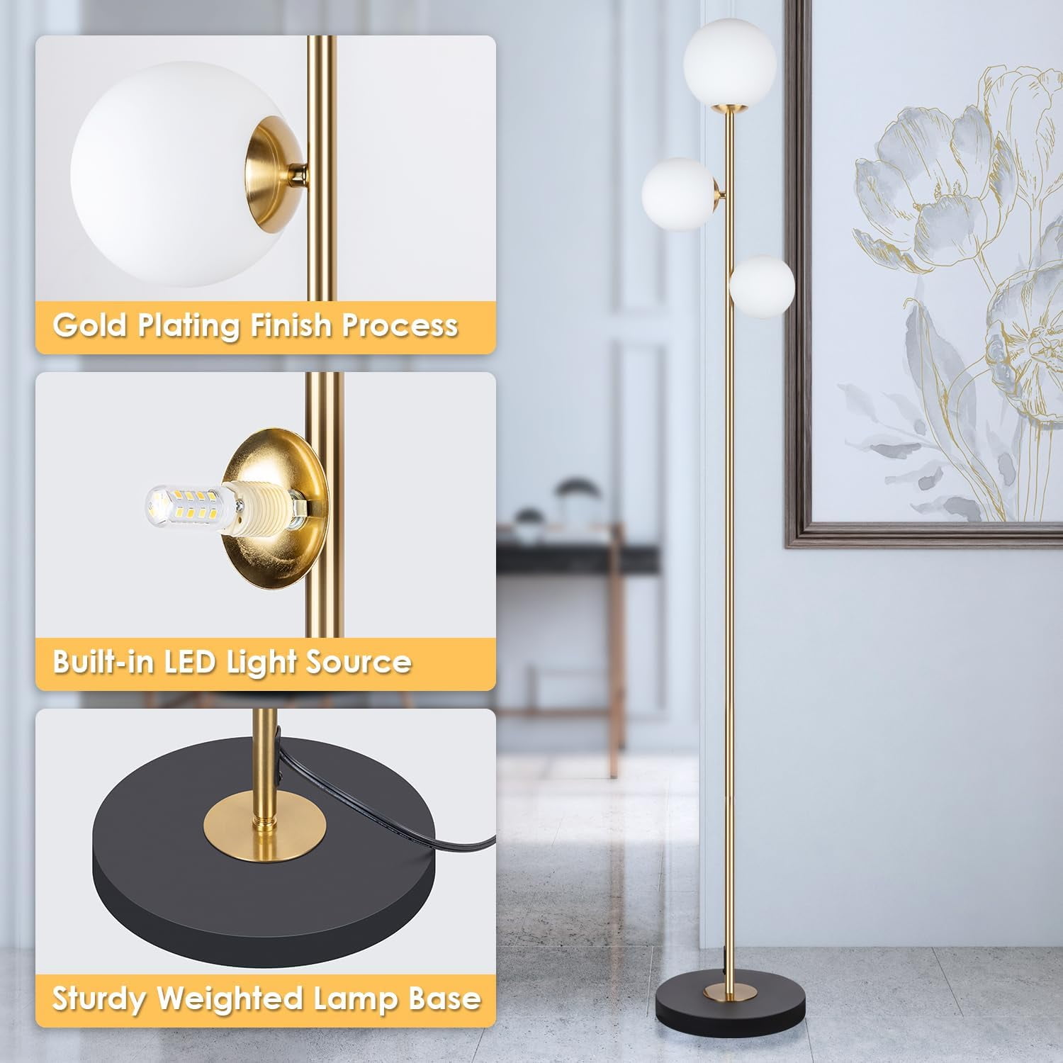 3 Globe Eclectic Floor Lamp - 3 Color Options Moderm Floor Lamps for Living Room, Mid Century Standing lamp Home Decor for Bedrooms Office(Matte Black, LED Bulbs Included)