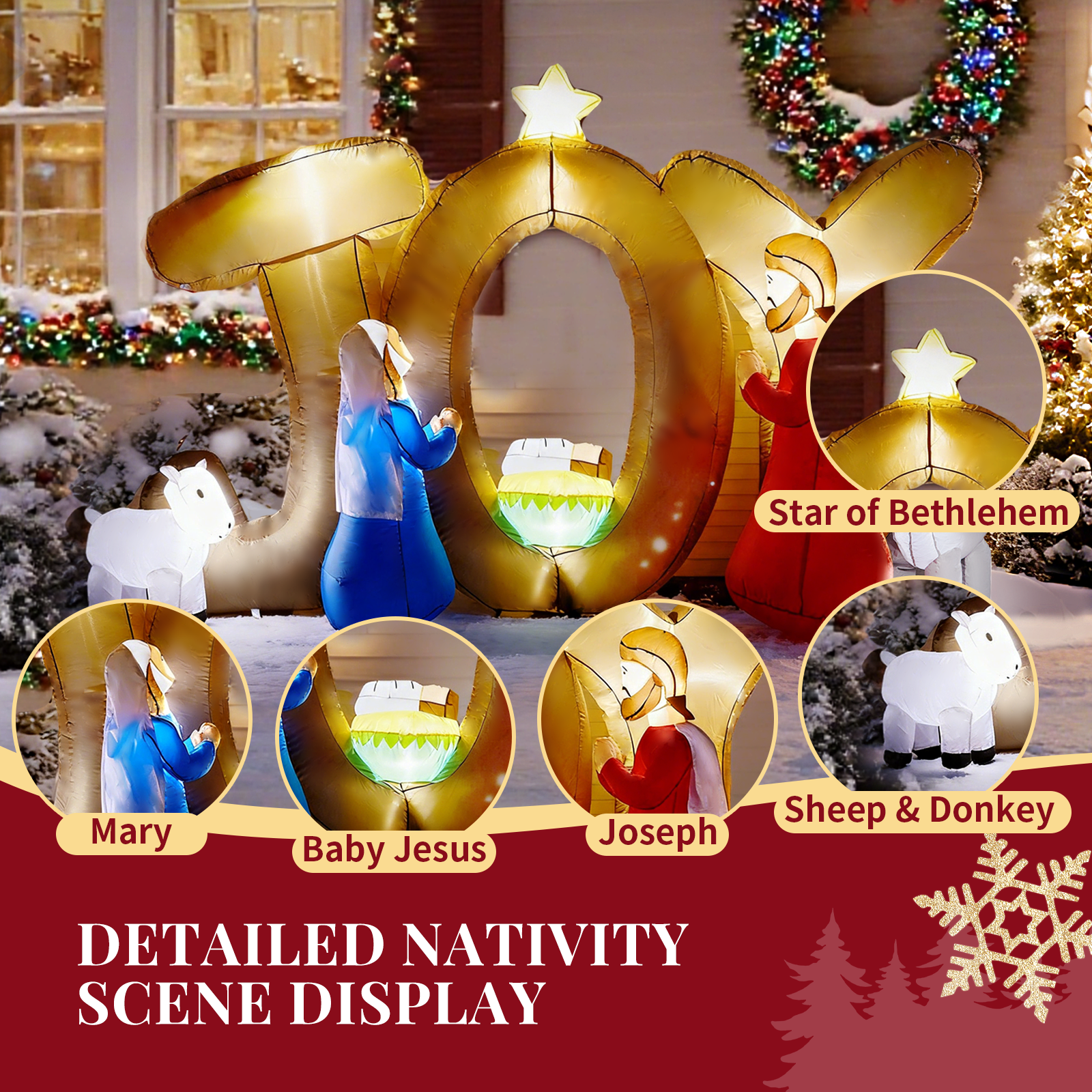 Astoutdoor Christmas Inflatable Decoration, Nativity Scene with JOY Sign, Built-in LED Lights, 88.6 x 29.5 x 55.1 in