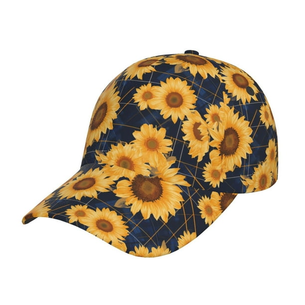 Fotbe Navy Blue Plaid Sunflower Gorro Clásico de Béisbol, Gorra Ajustable con Broche Snapback, Gorro de Exterior de Algodón Suave