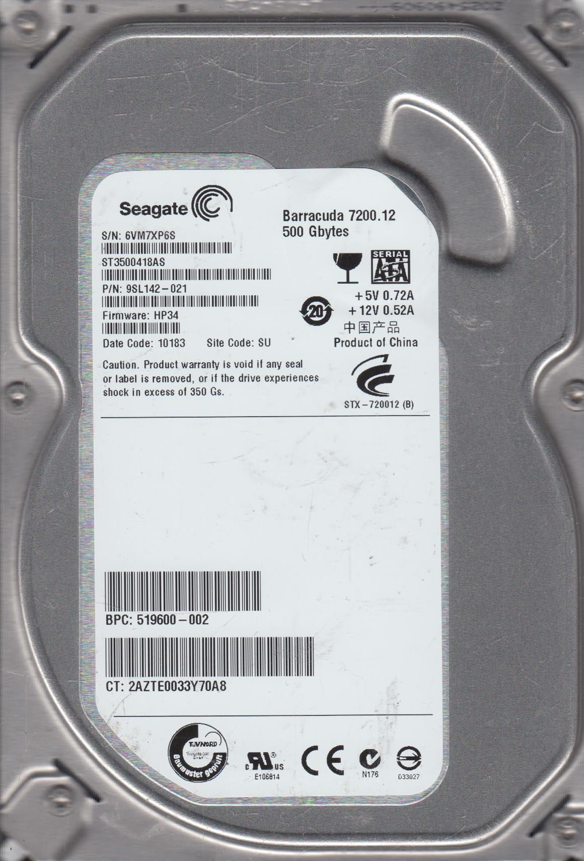 ST3500418AS, 6VM, SU, PN 9SL142-021, FW HP34, Seagate 500GB SATA 3.5 Hard Drive