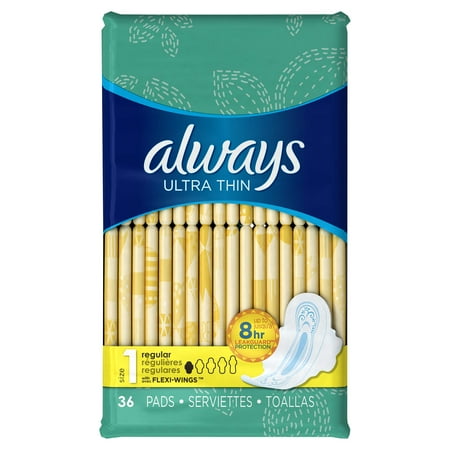 Always Ultra Thin Pads with Wings, Regular, Unscented, 36 Ct, Size 1