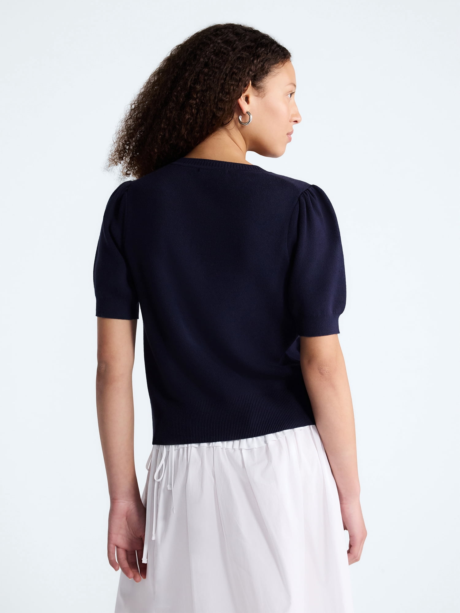 Free Assembly Women's and Women's Plus Beaded Cardigan Sweater with Short Puff Sleeves, Lightweight, Sizes XS-4X