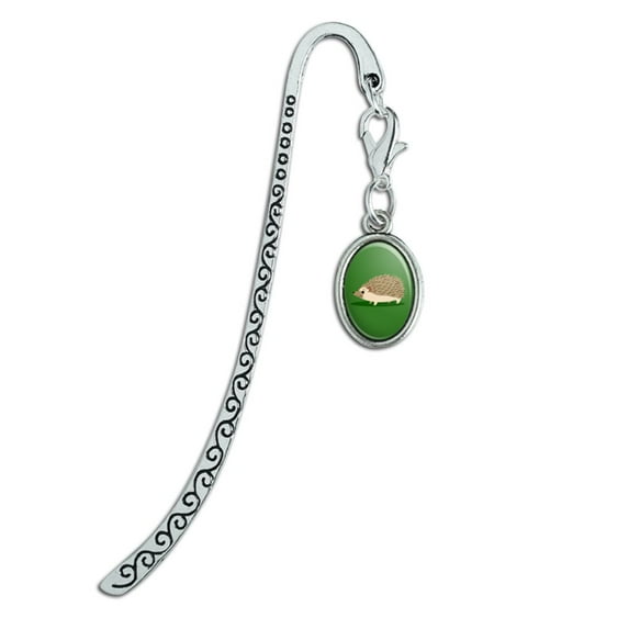 Hedgehog on Green Metal Bookmark Page Marker with Oval Charm