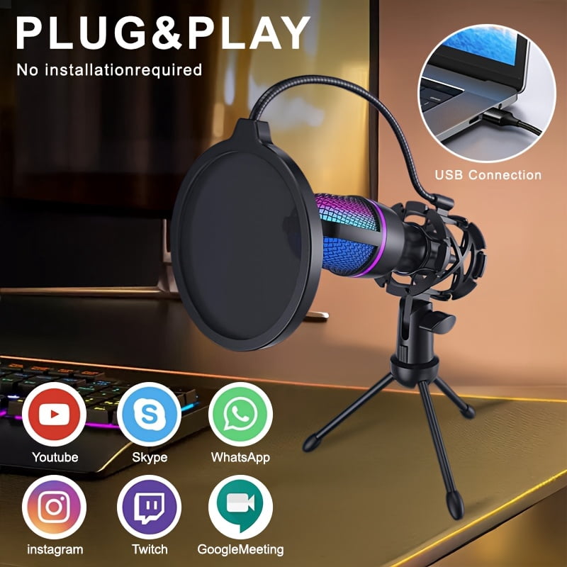 USB Gaming Microphone with RGB, Tripod & Pop Filter - Condenser Mic for Streaming, Podcast, PC, PS4/5, Skype, YouTube, Conference Call