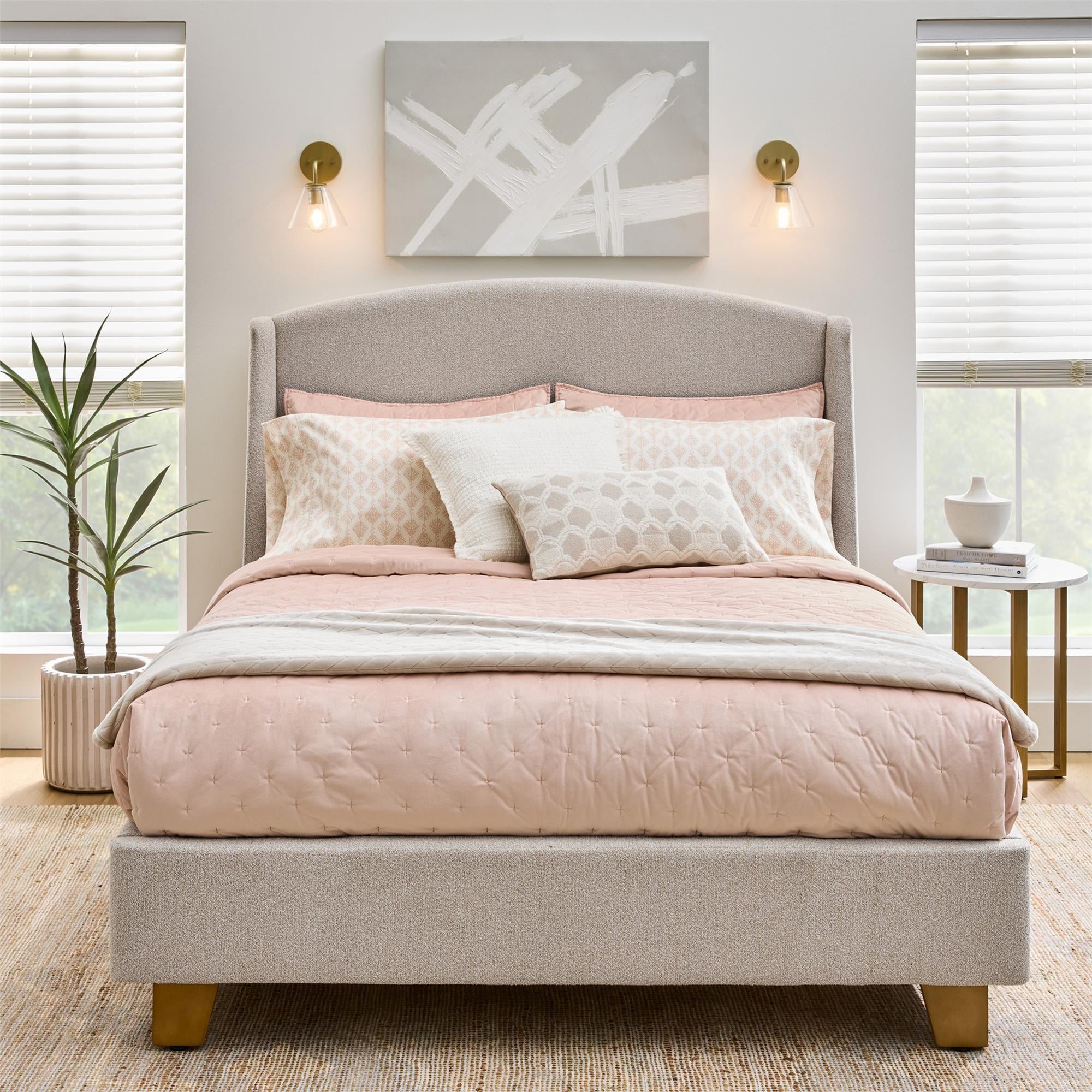 Better Homes & Gardens Windsor Platform Bed with Wingback Headboard, King, Wheat Boucle