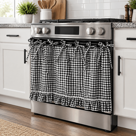 Handmade Farmhouse Oven Skirt with Ruffled Hem - Decorative Ribbon Tie Kitchen Oven Curtain for Stove & Dishwasher - Plaid Fabric Appliance Cover