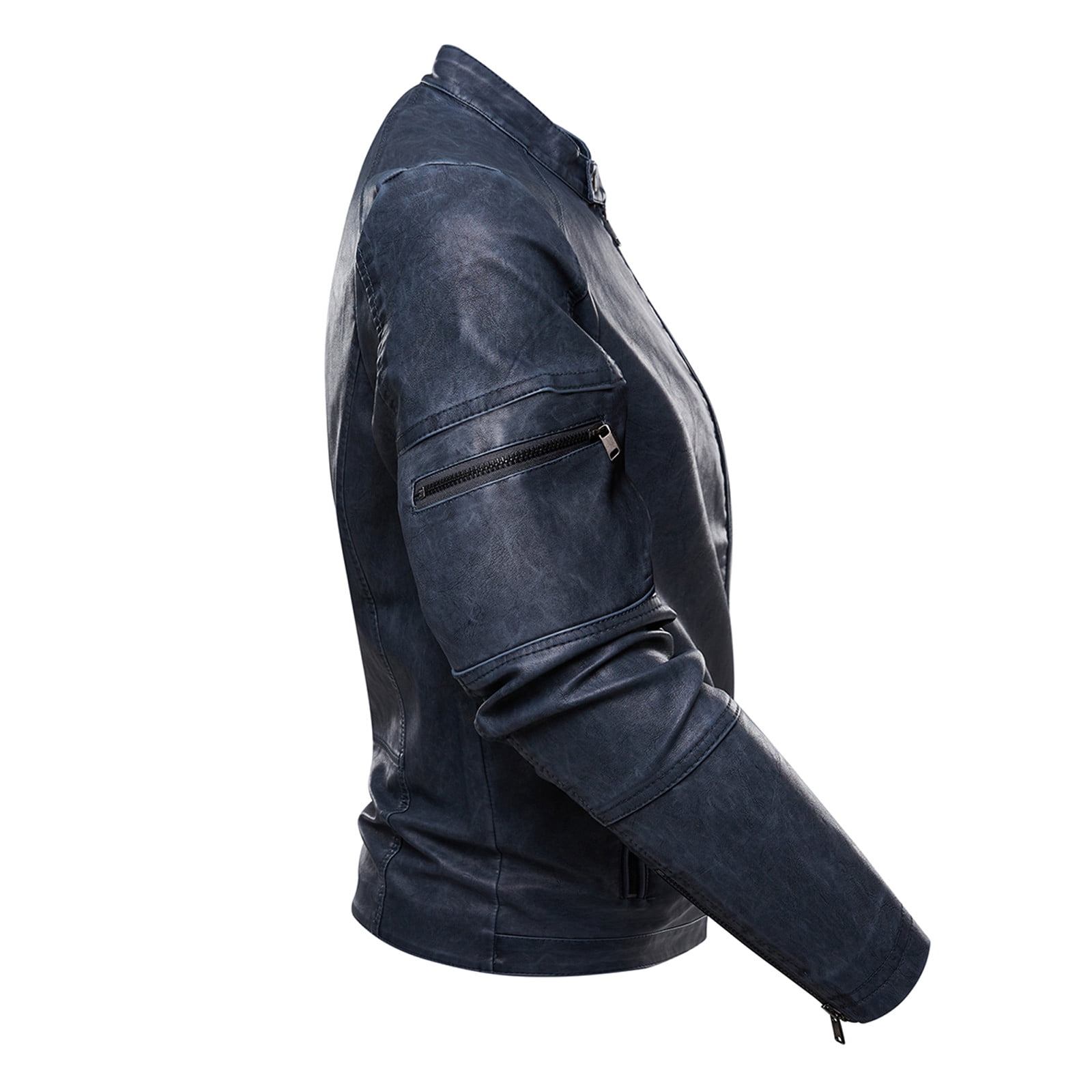 HAPIMO Leather Jacket Men's Casual Stand Collar Slim Leather Sleeve Flight Jacket Faux Leather Biker Jacket Blue L