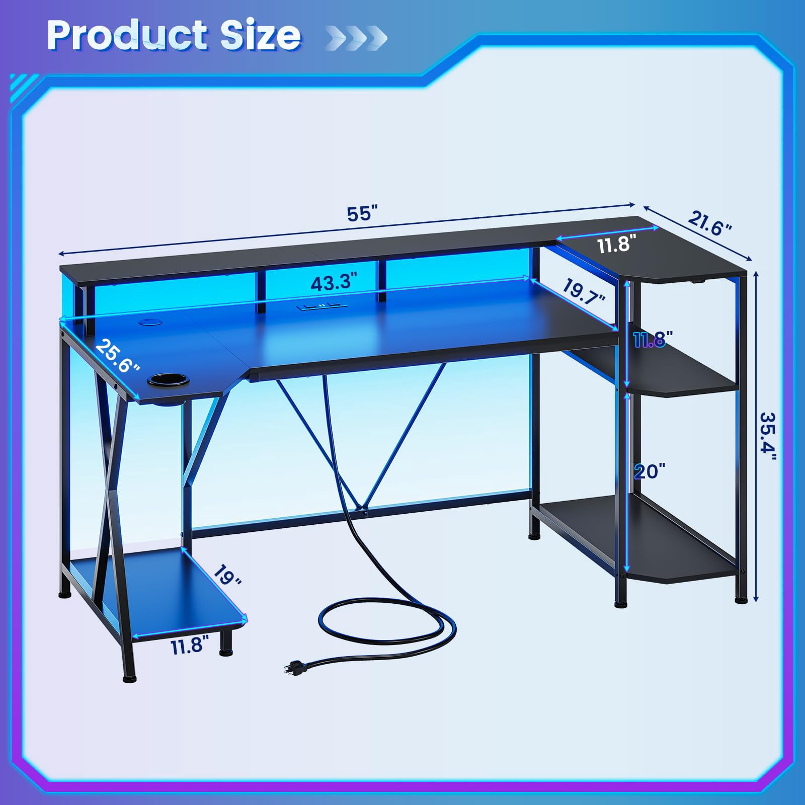 Black 55" Gaming Desk with Monitor Stand, Computer Desk with LED Lights and Storage Shelves, Power Outlets and Cup Holder, Large PC Gaming Table for Bedroom Living Room