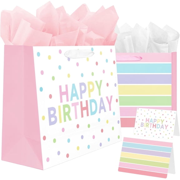 2-Pack 13" Large Happy Birthday Gift Bags Party with Tissue Paper, Cards for Girls Women Birthday Party Favors Wrap