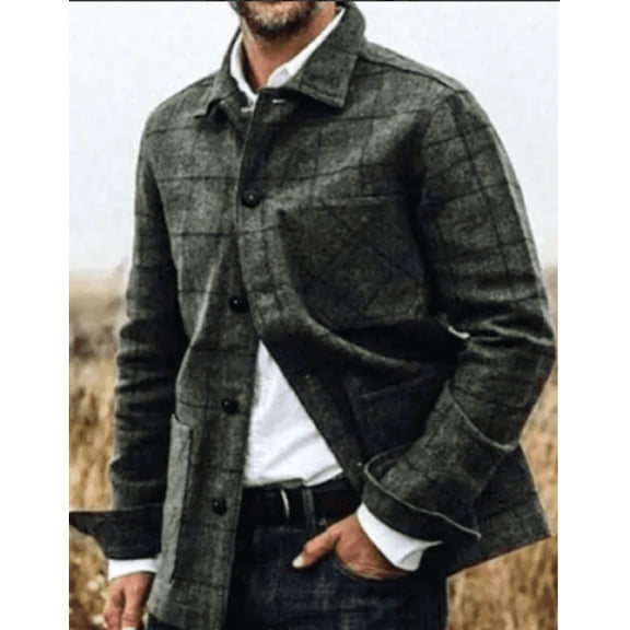 Men's Dark Olive Windowpane Plaid Shacket Warm Button Front Shirt Jacket Fall Winter Casual Outerwear