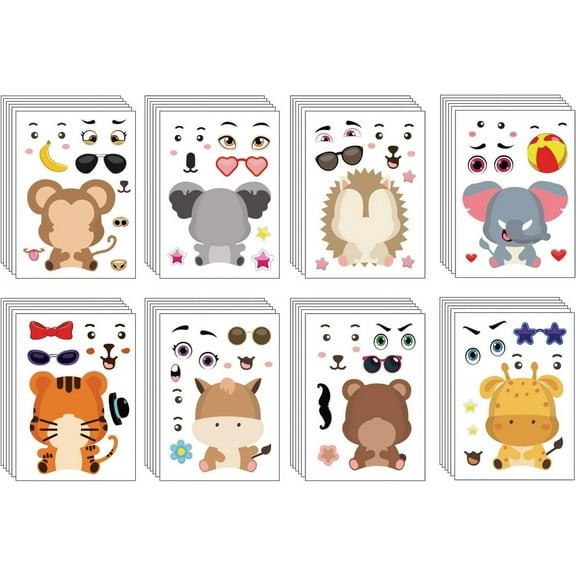 48 Sheets 8 Styles Paper Make a Face Stickers Make Your Own Self Adhesive Funny Decals for Kid Art Craft Animal Pattern 175x125mm 6 sheets/style