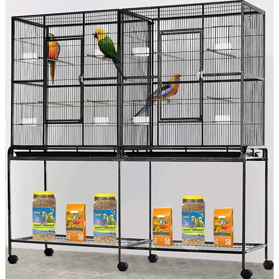 Deluxe LARGE Double Bird House Flight Breeder Breeding Cage Center Divider Side Nest Box Doors With Detachable Rolling Stand For Canary Parakeet Cockatiel Lovebird Finches