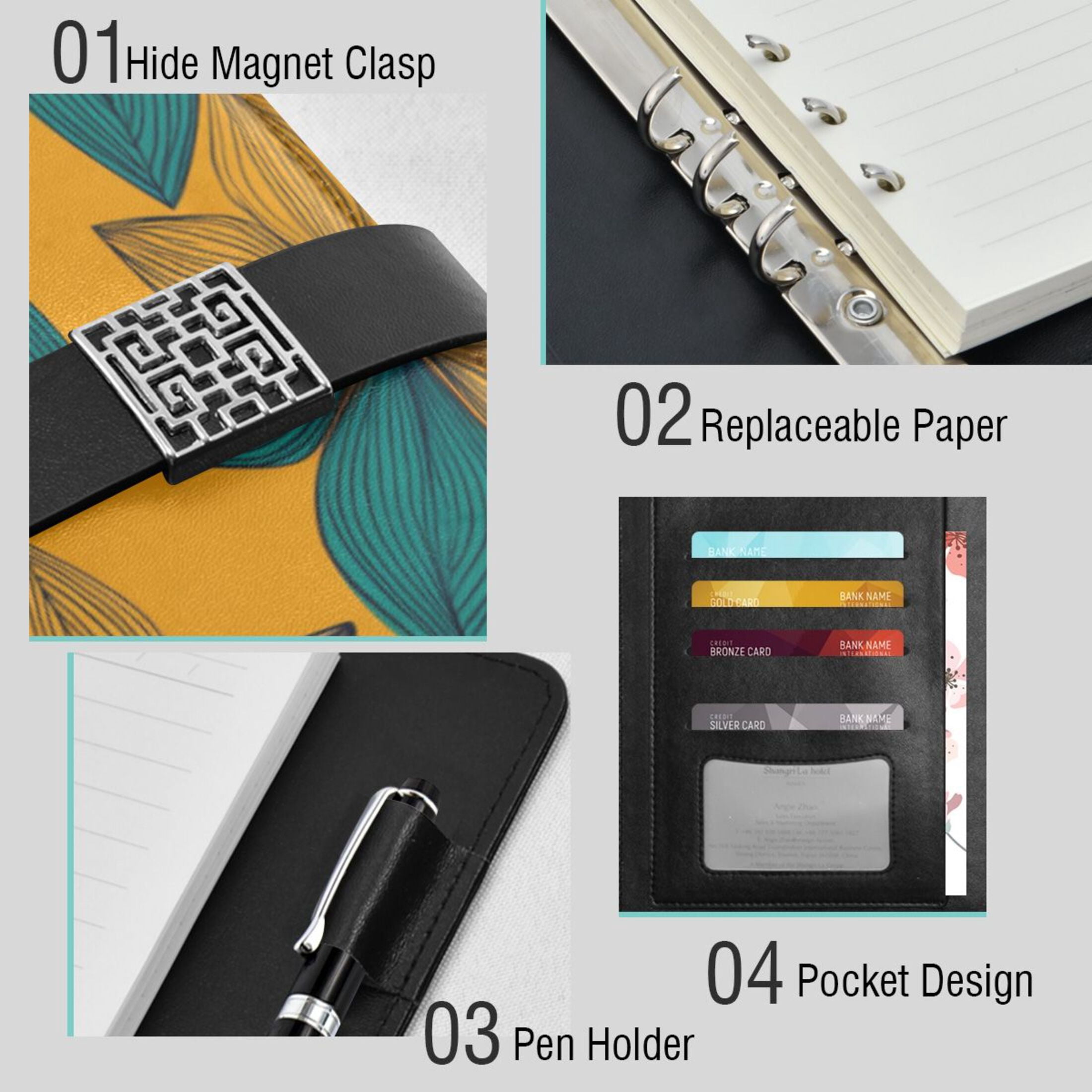 Leather Planner Leather Notebook Notebook Journal Binder Design Pen Pocket Design Convenient for Storage Blue Flowers Pattern