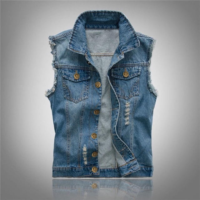 Ceisia Gilet Sans Manches en Denim Usé pour Homme, Coupe Régulière, Col Rabattu, Boutonnage Simple, Cadeau