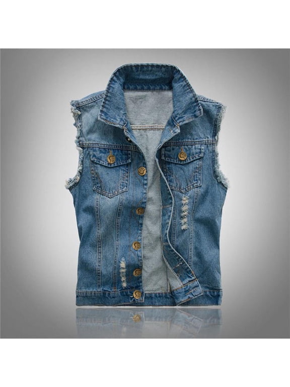 Clearence! Denim Vest for Men Lapel Sleeveless Coat Casual Fashion Loose Fitting Vests Vintage Wash Ripped Jean Jacket Outerwear for Street Style Layering