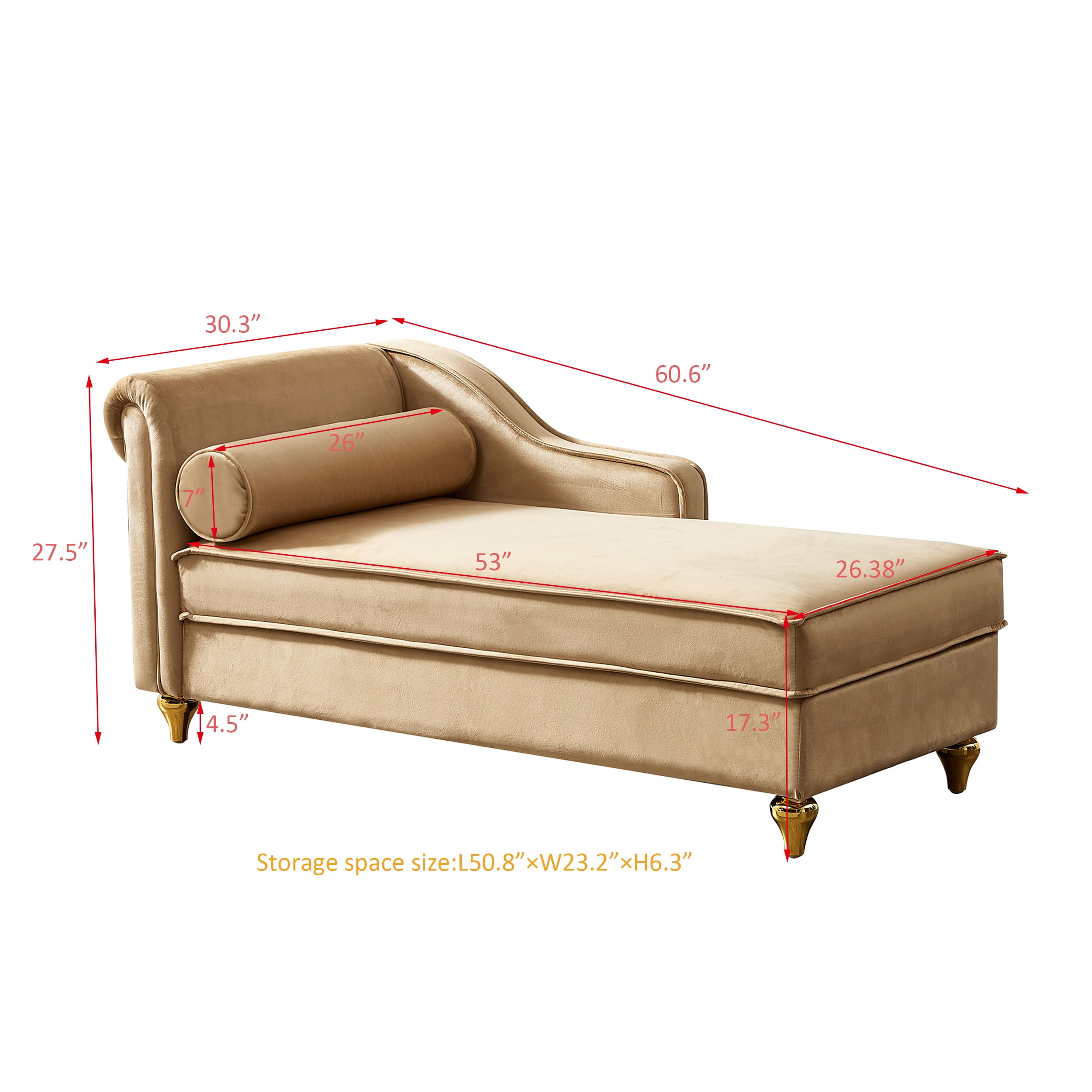 Miniyam Storage Chaise Lounge, Velvet Upholstered Sofa Recliner Lounge Chair with Pillow for Living Room Bedroom, Khaki