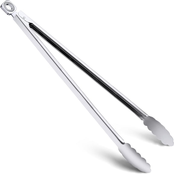 Grill tongs, 17 inch extra long bbq tongs, stainless steel kitchen tongs, heavy duty locking tong for grilling, cooking, barbecue, buffet serving, camping, heat resistant up to 600°F, silver
