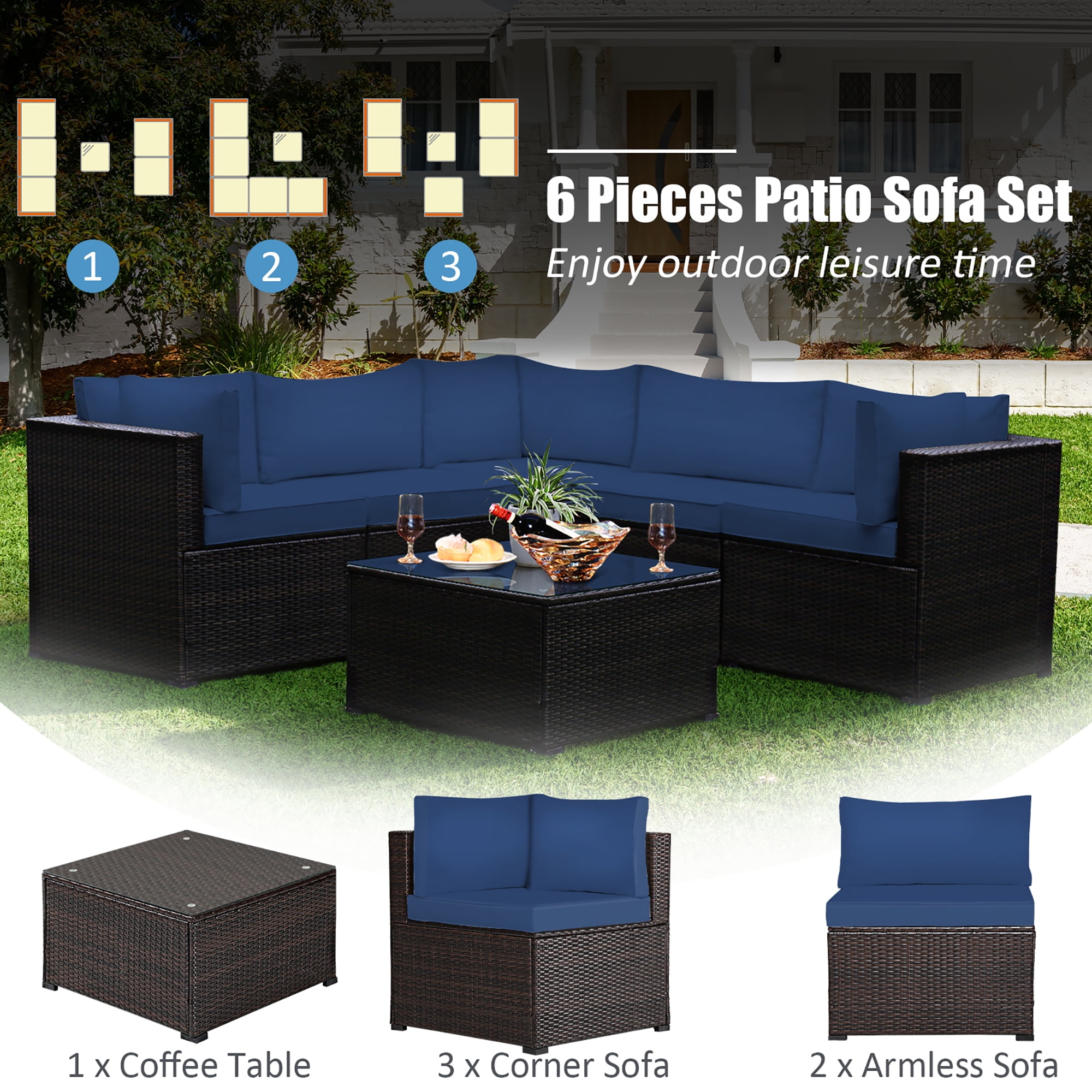 Costway 6PCS Patio Rattan Furniture Set Sectional Cushioned Sofa Deck Navy