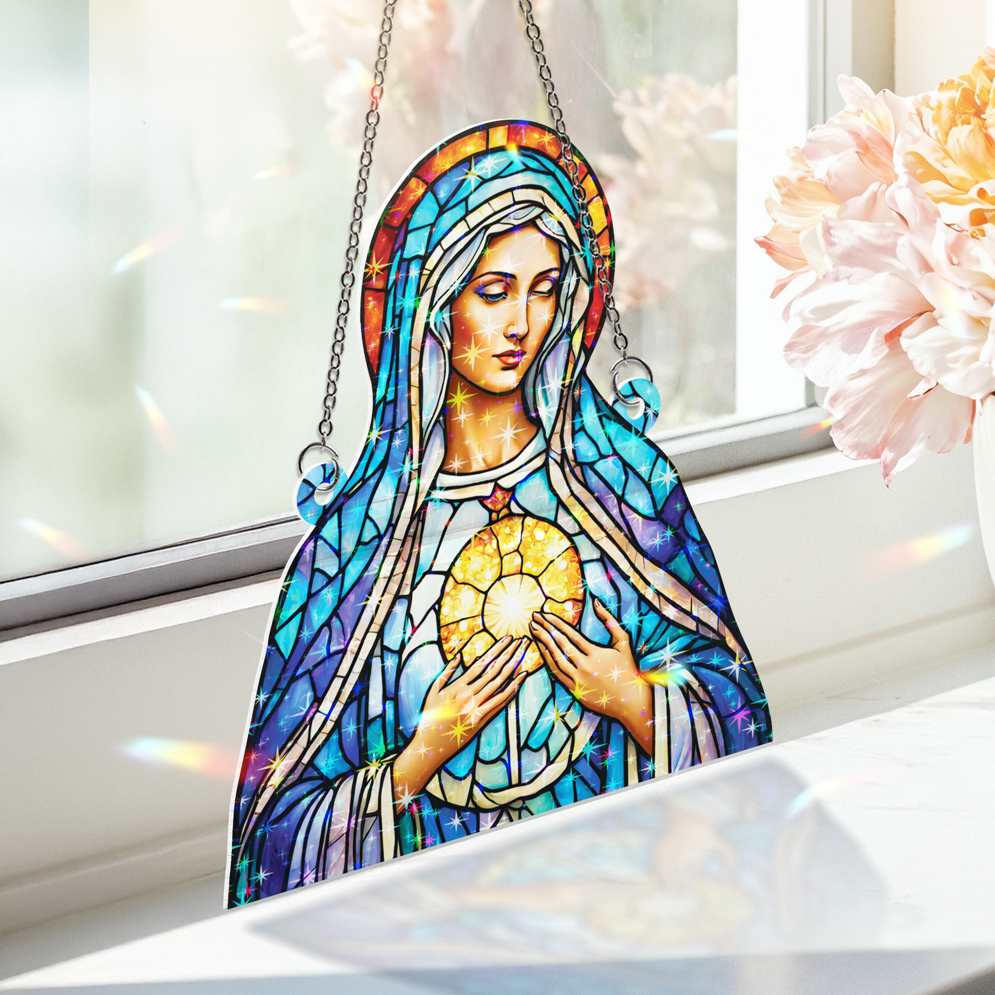 89Bloom Marry Stained Glass Hologram Ornament, Stained Glass Suncatcher Ornaments Home Decor, Holographic Ornaments