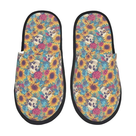 Balery colorful Skull sunflower Slient Indoor Furry Fleece Comfort House Shoes Soft Non-Slip Home Shoes Cotton slippers House Slippers-- Large