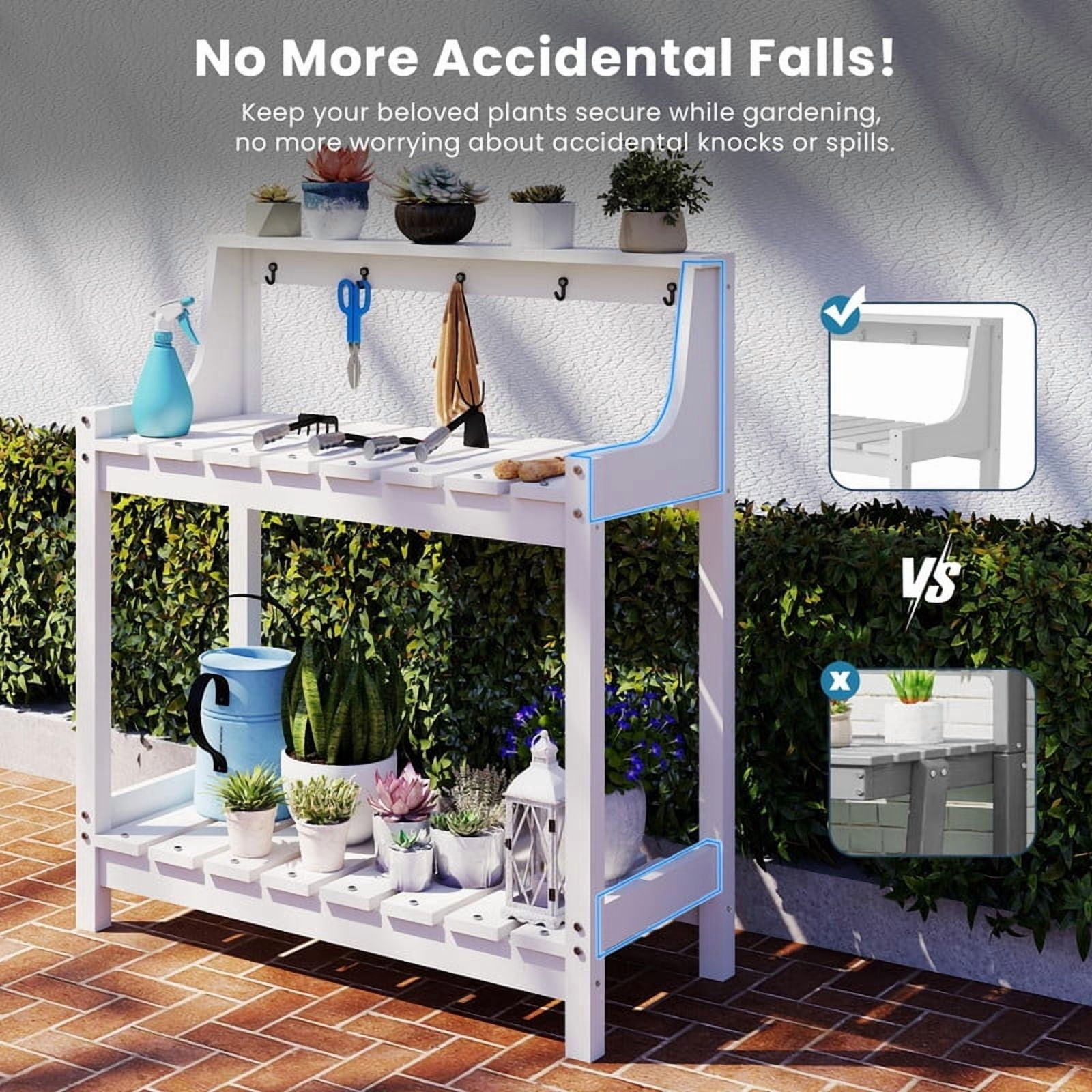 Howcool HDPE Outdoor Potting Bench with Storage & Hooks, 3-Tier Heavy-Duty Garden Workstation Table, All-Weather Potting Table for Patio & Backyard, White
