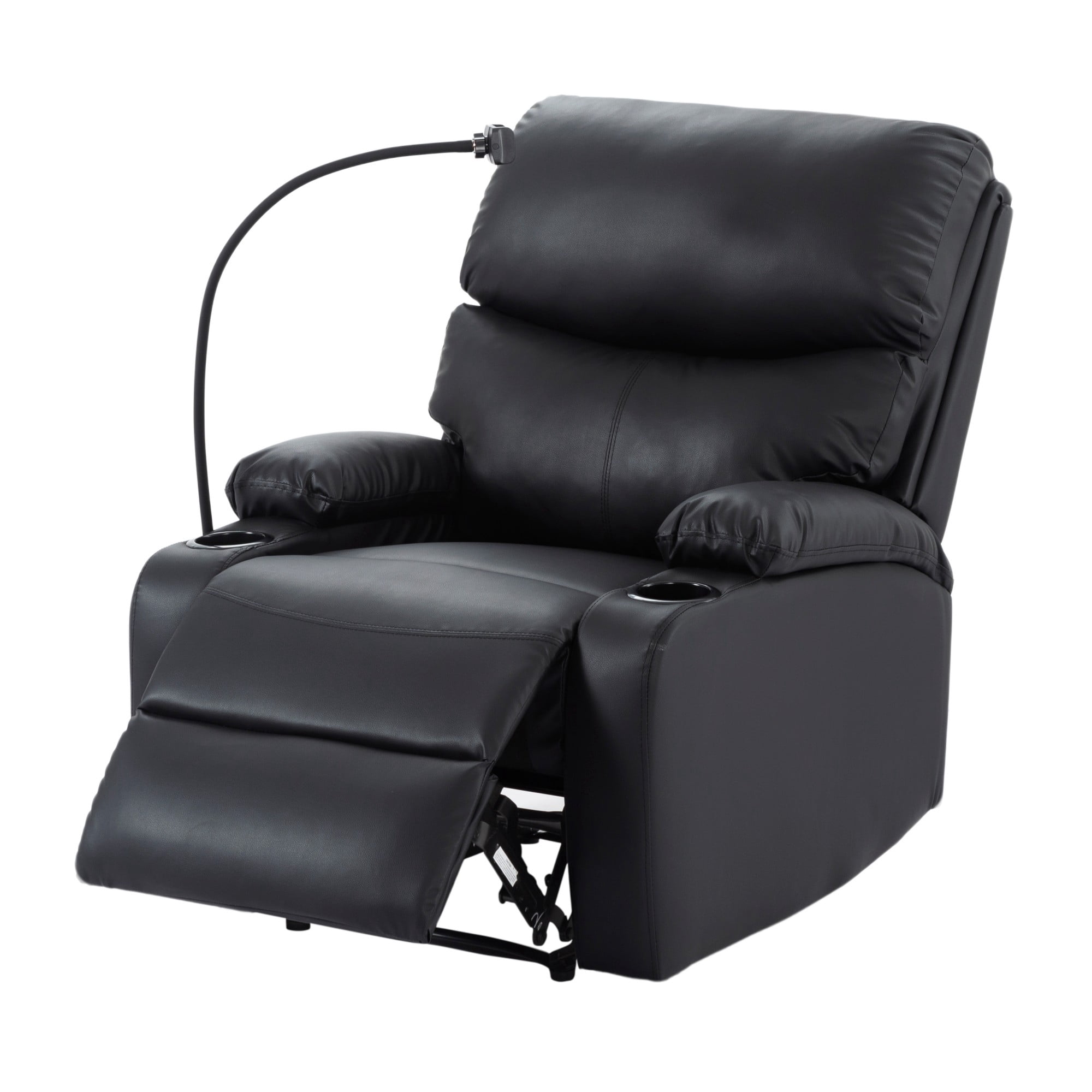 Gewnee Black PU Manual Recliner - Solid Wood & Metal Frame, Foam Cushion with Phone/Cup Holders for Home Office