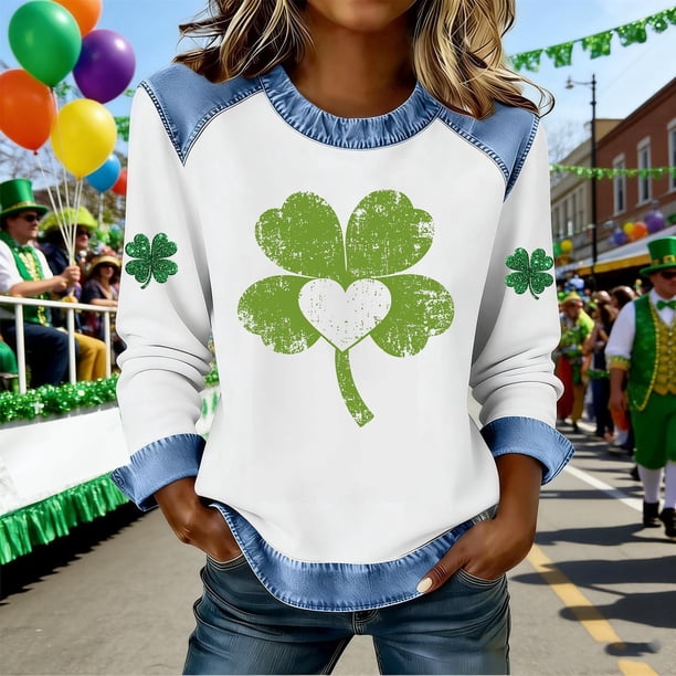 TaTaai Women's St. Patrick's Festival Top Long Sleeve Round Neck Patchwork Design Casual Irish Holiday Spring Celebration Blouse Gift