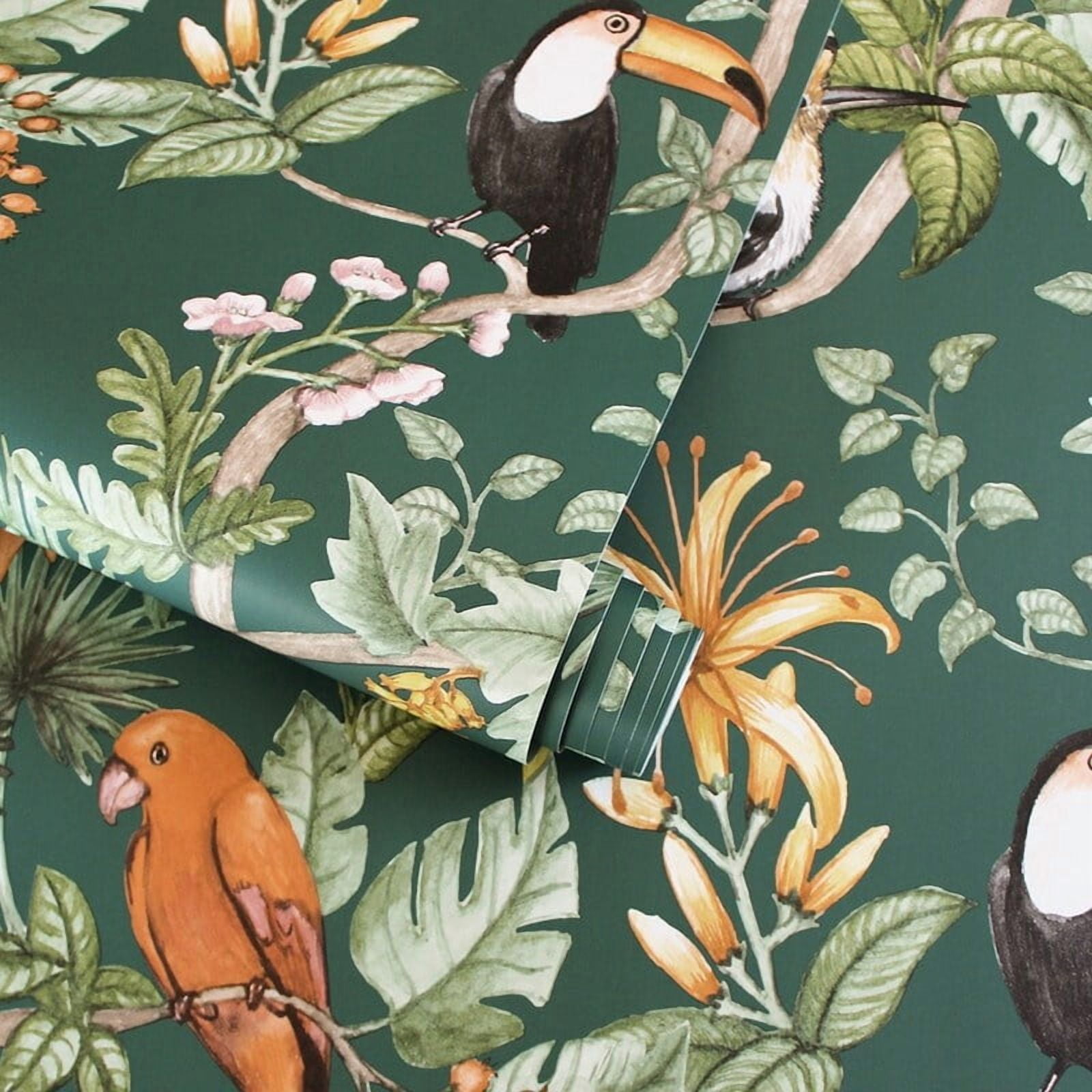 Tempaper Birds of Paradise Green Tropical Peel and Stick Wallpaper, 20.5" x 16.5'