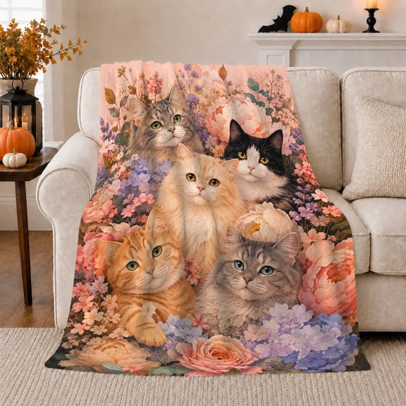 Romantic Floral Garden Cats, Peaceful Pet Portrait Pattern, Warm Flannel Blanket for Living Room and Reading Nook, Cat Lovers Friendship Gift, Pet Lover Home Decor