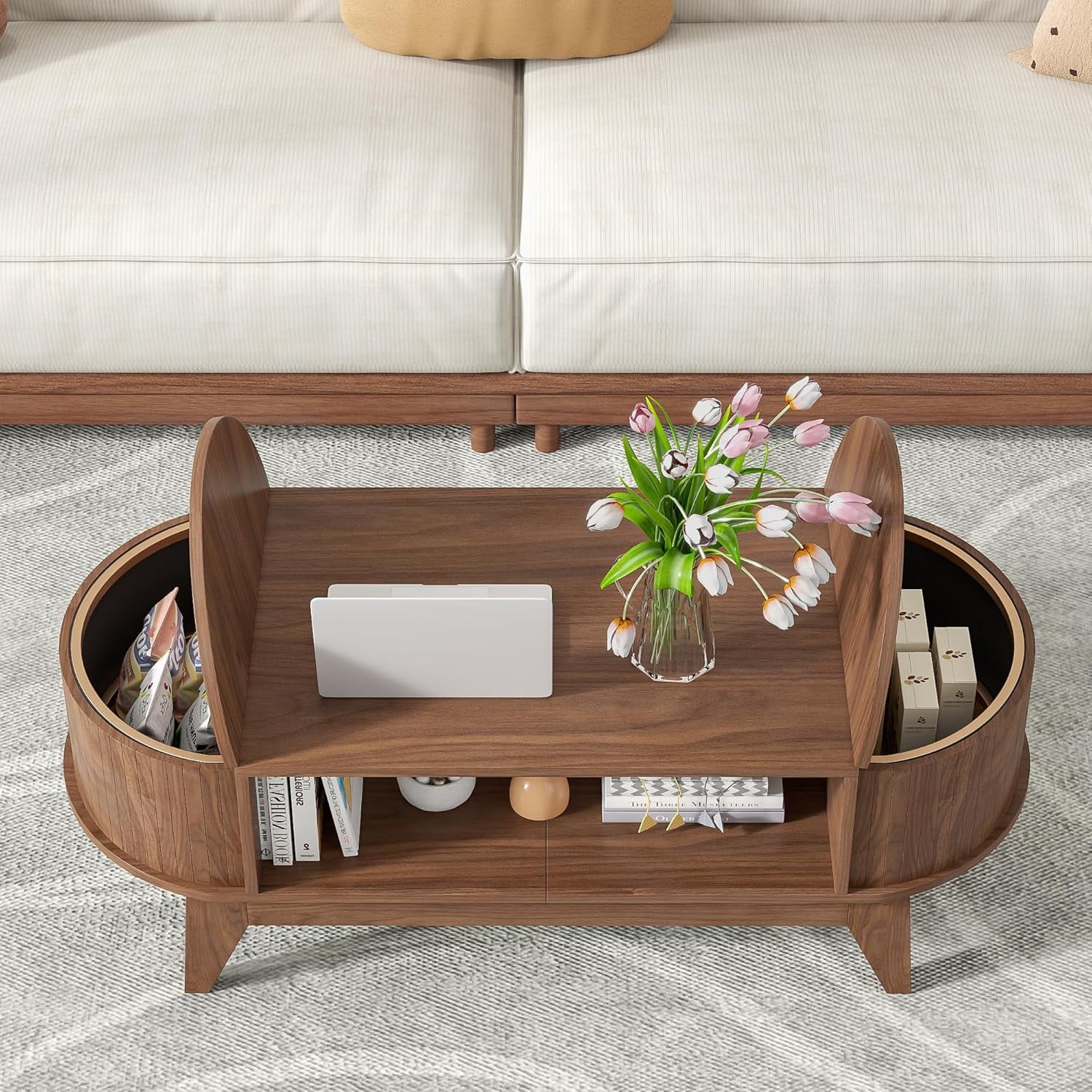 Coffee Table with 2 Hidden Compartment, Wooden Coffee Table with Open Shelf, Center Table for Living Room, Walnut Color