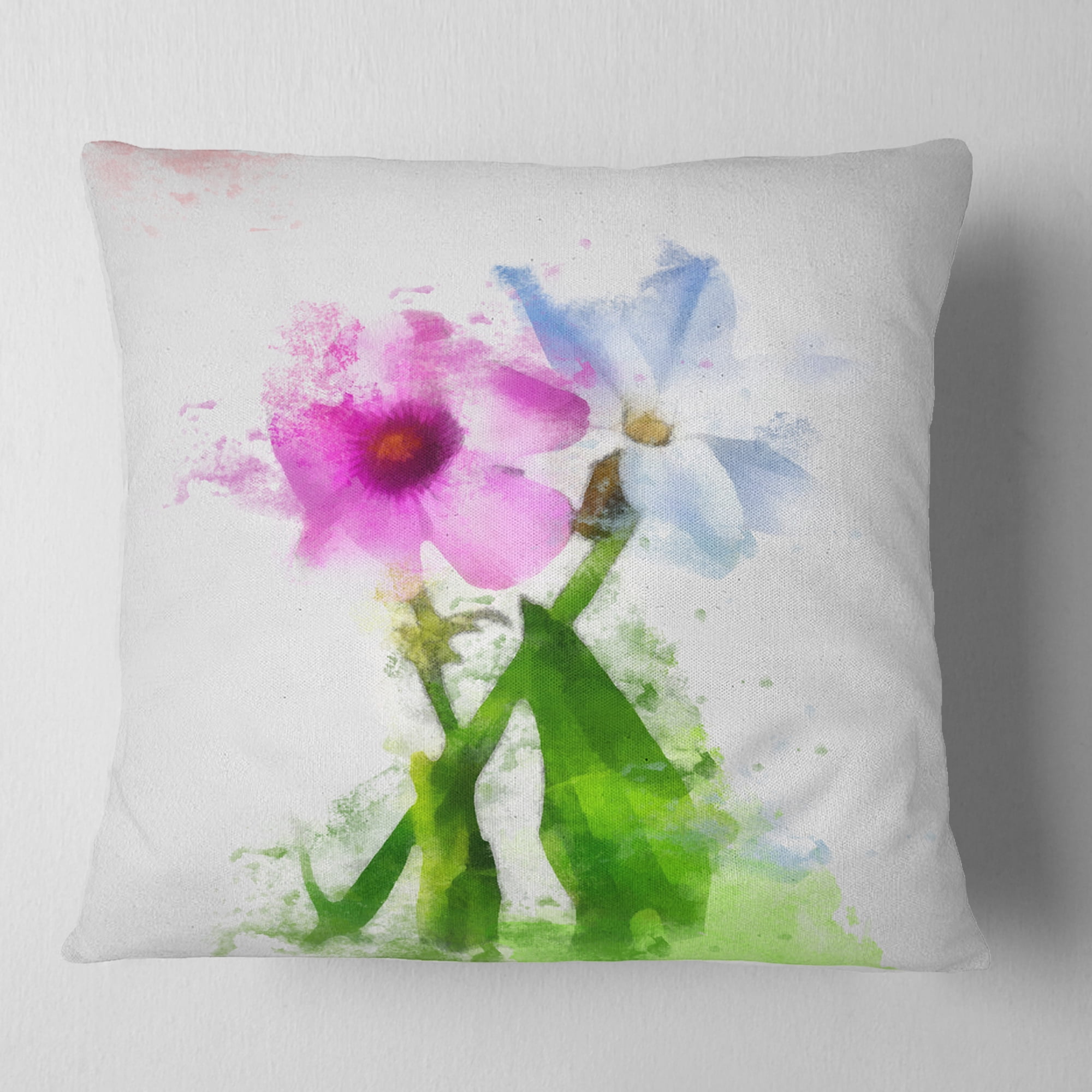 Designart Purple Mallow and Blue Chamomile - Floral Throw Pillow - 18x18