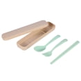 thumbnail image 1 of Juego de cubiertos de viaje compactos de 3 piezas de tenedor, cuchara y palillos de paja de trigo verde en estuche de transporte, 1 of 3