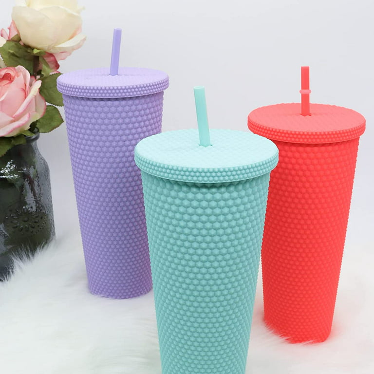 Large Floral Plastic Insulated Tumbler With Straw Red & Blue Multi