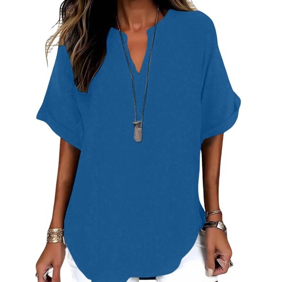 Kezqiaxn Short Sleeve Tops for Women Summer V-Neck Business Work Blouses Loose Casual Shirts Fashion Clothing