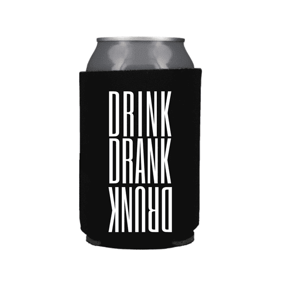 Drink Drank Drunk Beer Can Cooler Sleeve, Funny Drink Accessory for Parties and Gift Favors, Black