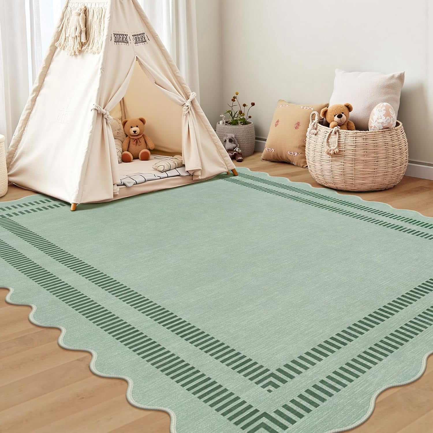 Scalloped Rug 5x7, Green Rugs for Living Room Ultra-Thin, Washable Area Rug Soft Rugs Non-Slip Throw Carpet for Bedroom ‎Dining Room Playroom