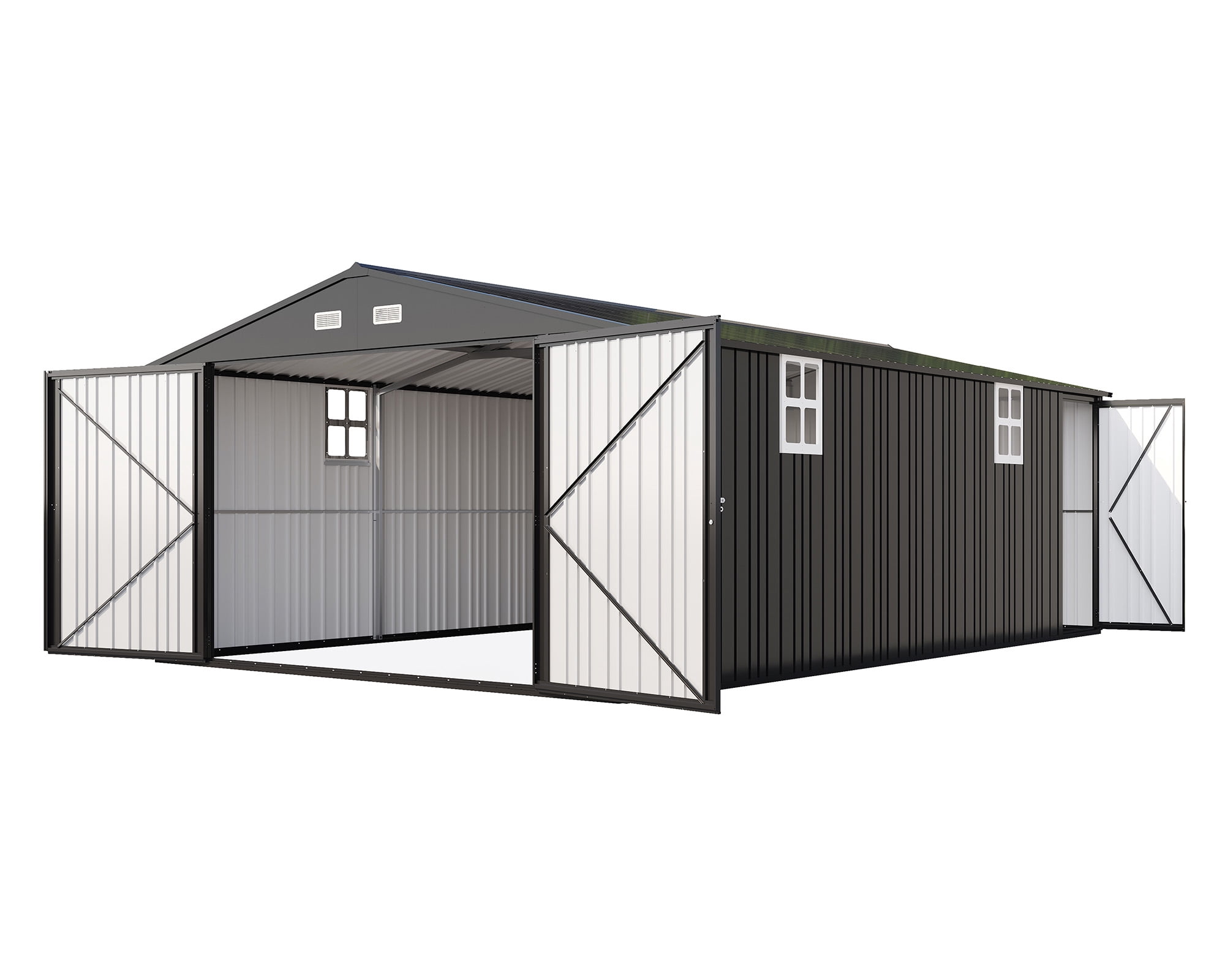 LUXOAK 13.2x20.7x8.4 ft Outdoor Storage Shed, Huge Metal Shed with 2 Double Hinged Doors and 4 Windows, Carport for Car, Truck, Bike, Dark Grey
