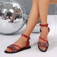 thumbnail image 2 of Rokment Women's Bling Sequin Flat Dressy Sandals Metallic Glitter Braided Leather Open Toe Ankle Strap Low Heels Comfortable Walking Summer Shoes Beach Red Size 9, 2 of 5