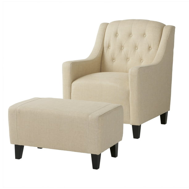 Noble House Liam Tufted Fabric Club, White Tufted Chair And Ottoman