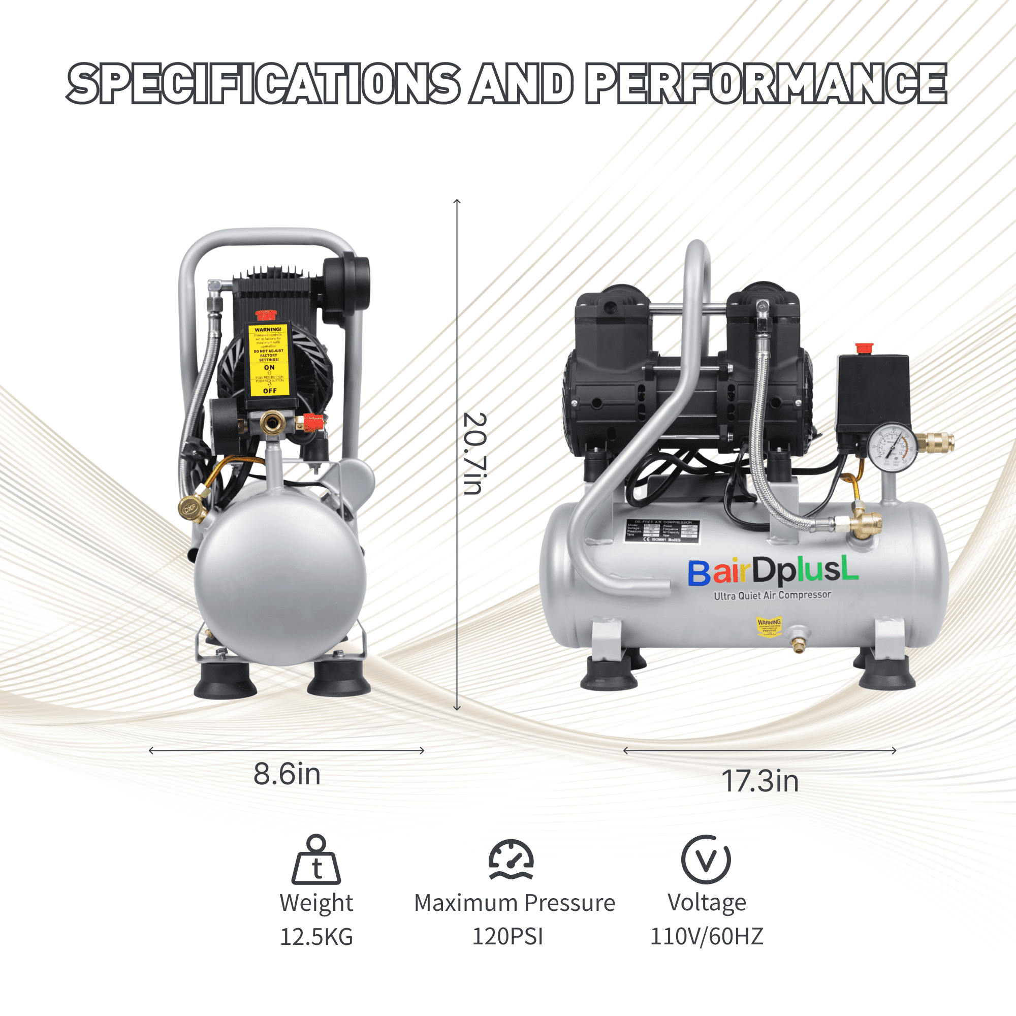3.2 Gallon Ultra Quiet Air Compressor 110V/60Hz 1.5HP 8.8CFM, MAX 115PSI Steel Tanks Oil-Free 70dB Noise Level Light & Quiet Portable Air Compressor with Wheels for Auto Repair